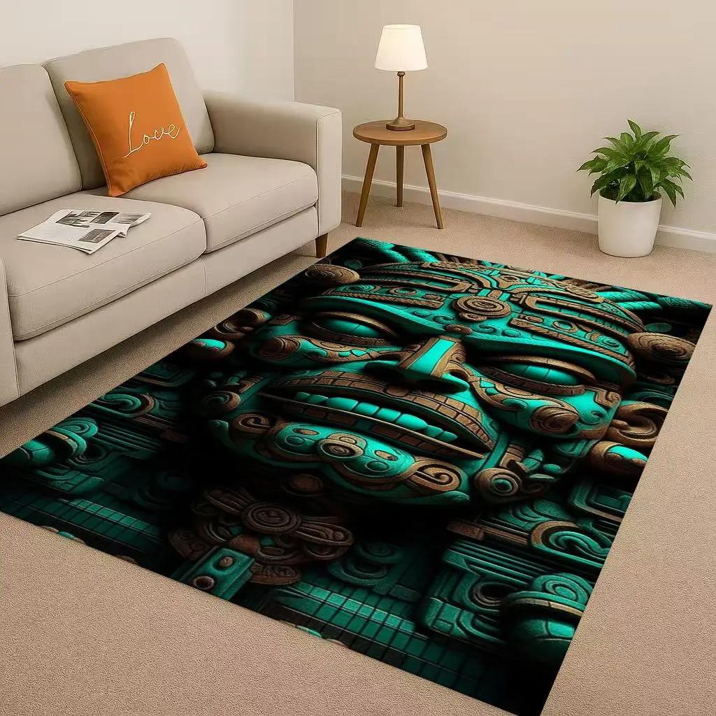 Retro Aztec Totem Maya Mask Sun God Living Room Non-Slip Area Rug Soft Carpet For Bedroom Sofa , Easy Clean Home Doormat Playmat