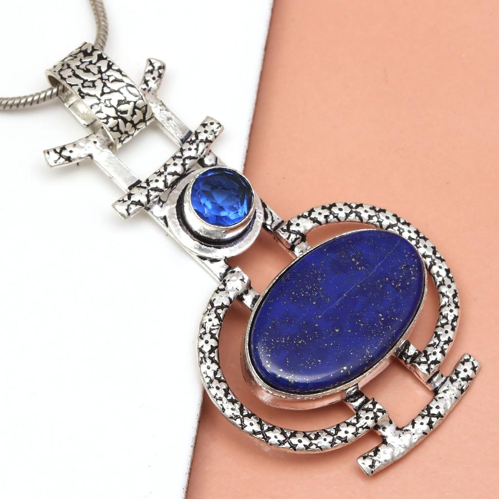 Pendentif Lapis Lazuli Bijoux en Argent 2,5" Pierre Précieuse Fait Main Argent Sterling