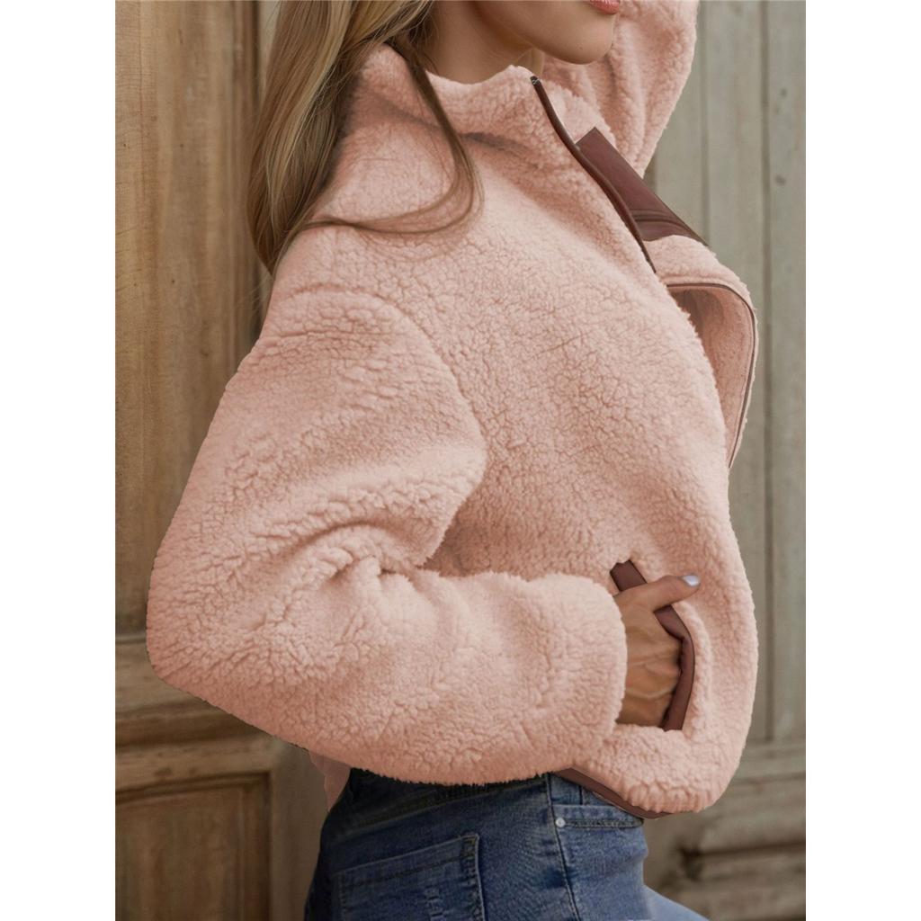 Women Fleece Zip‑Up Jacket Stand Collar Contrast Patch Pocket Long Sleeve Loose Warm Sherpa Coat Casual Outerwear