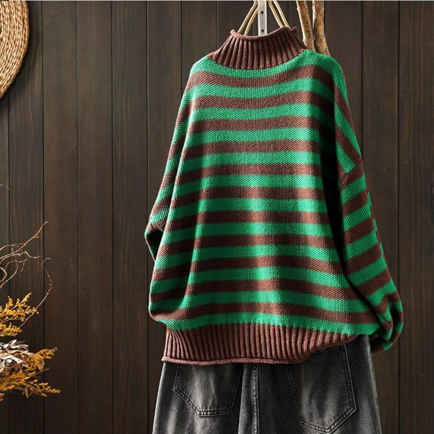 High Neck Pullover Stripe Half Sweater Women Loose Long Sleeve Vintage Literature Leisure Bottoming Knitting Sweater Female