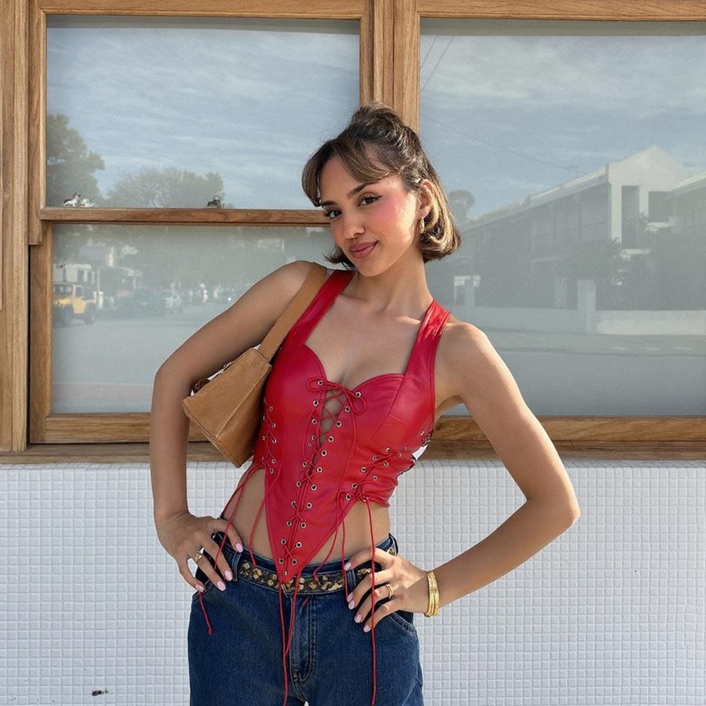 European and American style autumn new women's clothing fashion Spice Girls sexy hollow backless contrasting color straps PU leather small vest