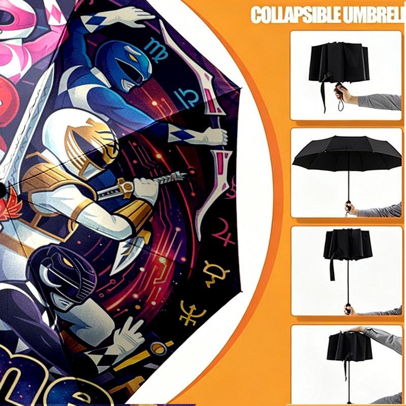Custom Name Personalized Power Rangers Print Umbrella, Auto Open Close, 8‑Rib Sturdy Frame, Commute Camping Hiking Use, Birthday Gift
