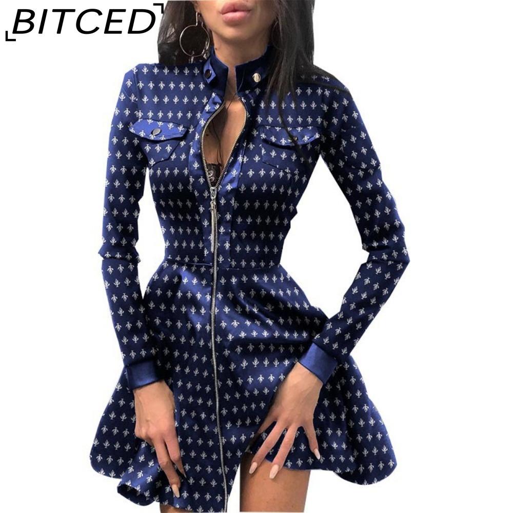 BITCED Mode Frauen Spitze Langarm Reißverschluss Big Hem Kunstleder Minikleid