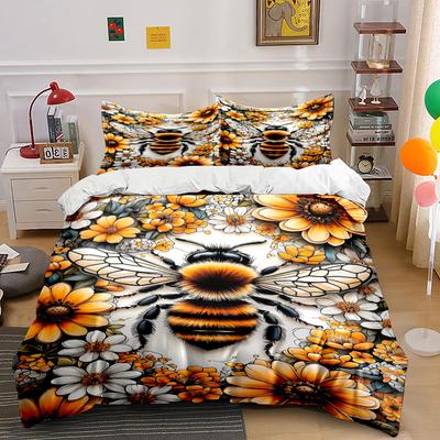 Bee and Vibrant Flower Artwork Print Bedding Set 1 Duvet Cover 2 Pillowcases for Adult and Children Luxury Gift Full Size