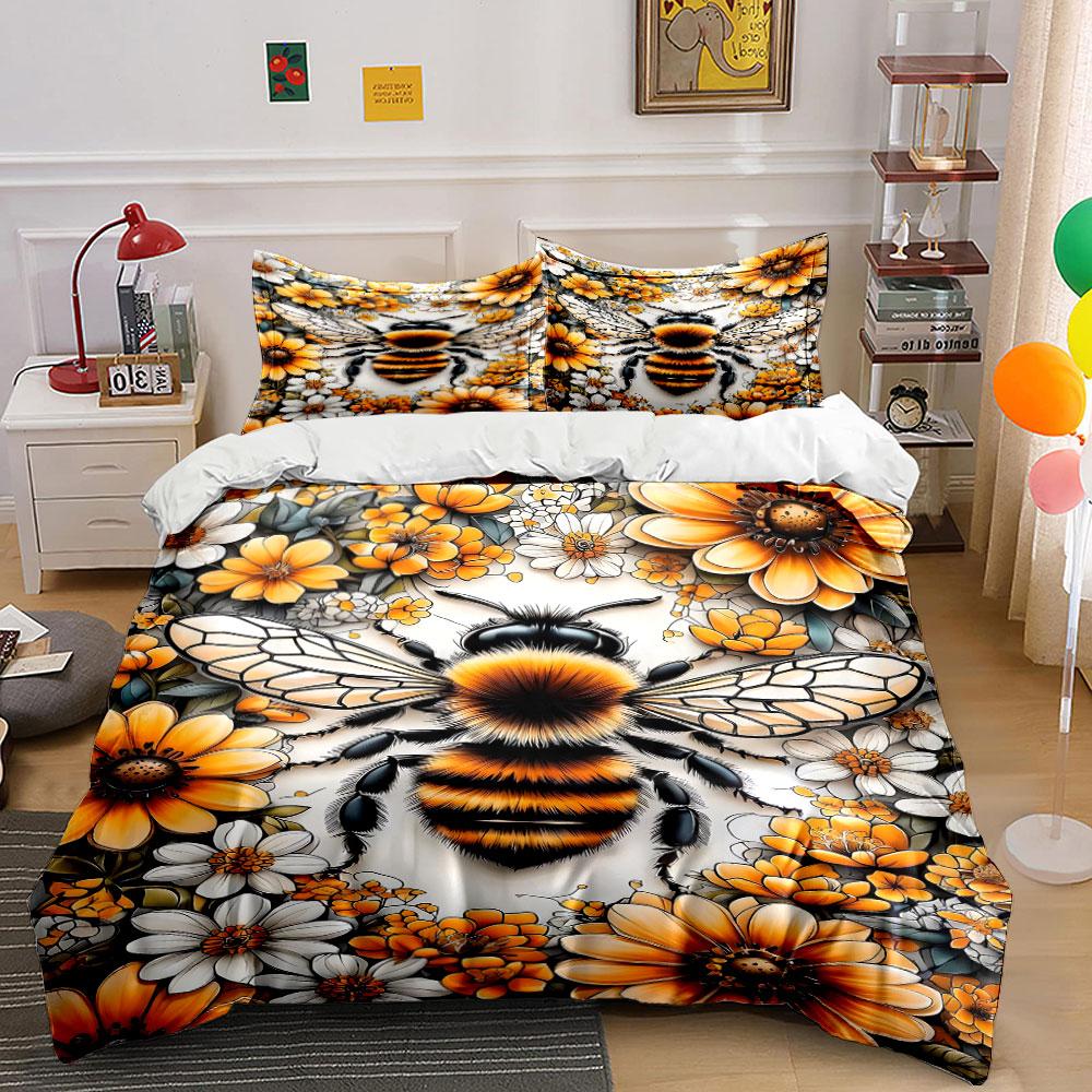 Bee and Vibrant Flower Artwork Print Bedding Set 1 Duvet Cover 2 Pillowcases for Adult and Children Luxury Gift Full Size
