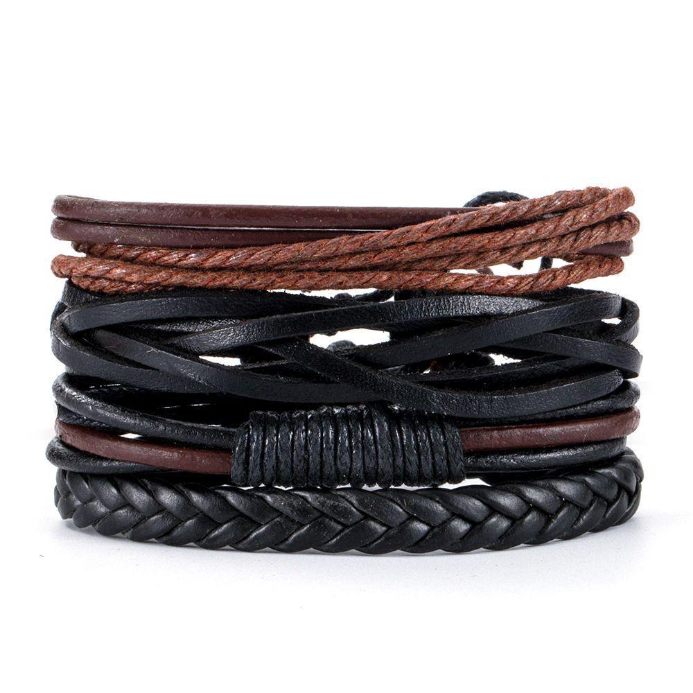 4Pcs/ Set Braided Wrap Leather Bracelets for Men Vintage Life Tree Rudder Charm Wood Beads Ethnic Tribal Wristbands