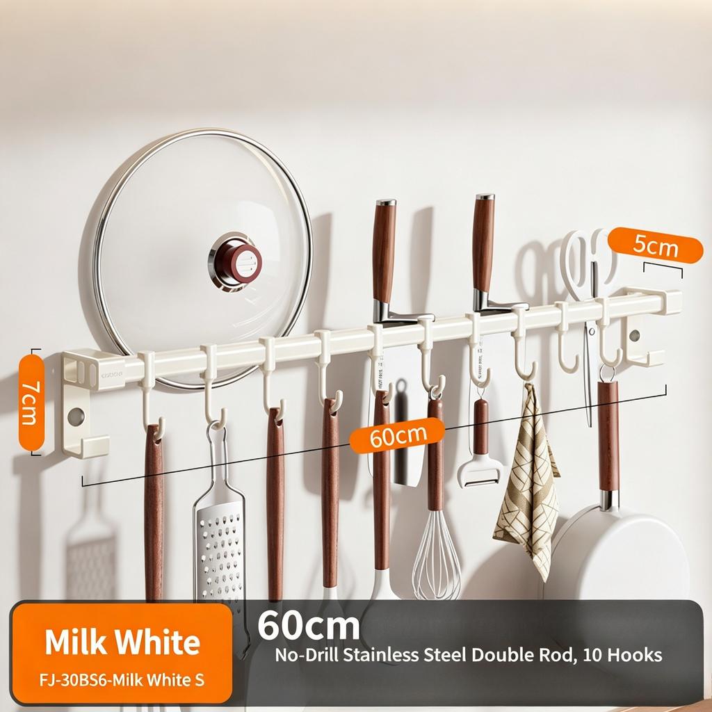 Stainless Steel Kitchen Hook Rack No Drill Wall Mount Storage Rail for Pot Lid Knife Spatula & Spoon Multi-functional Kitchen Organizer