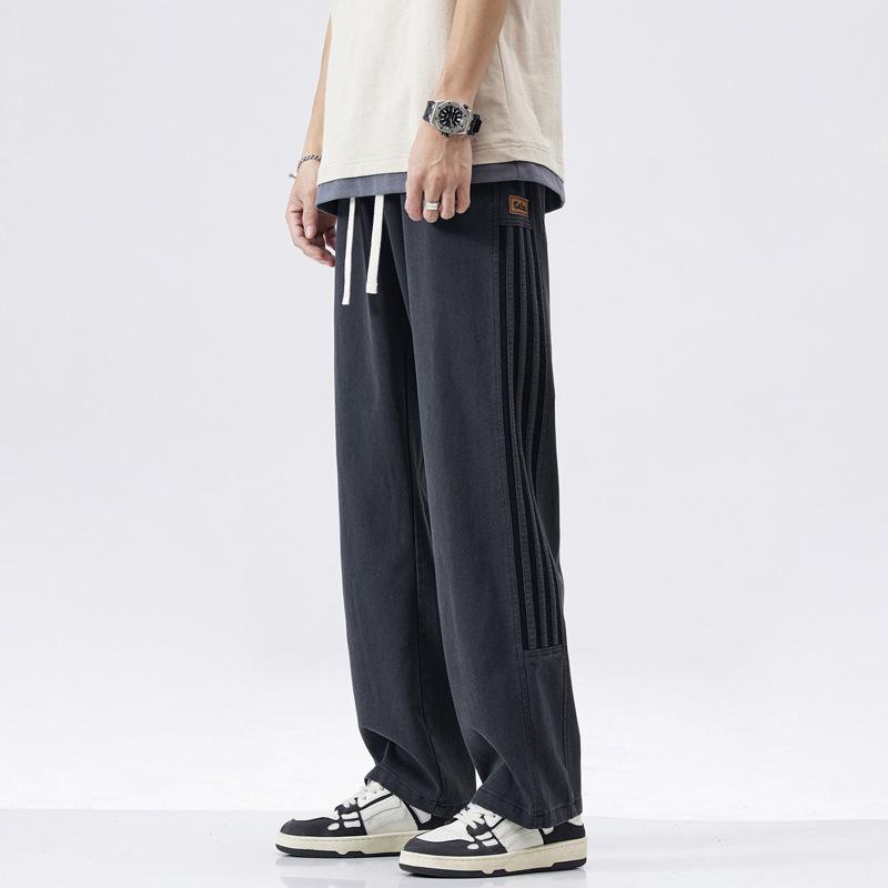 American vibe high street wide-leg sweatpants men's spring heavy straight striped casual pants trendy retro sports pants