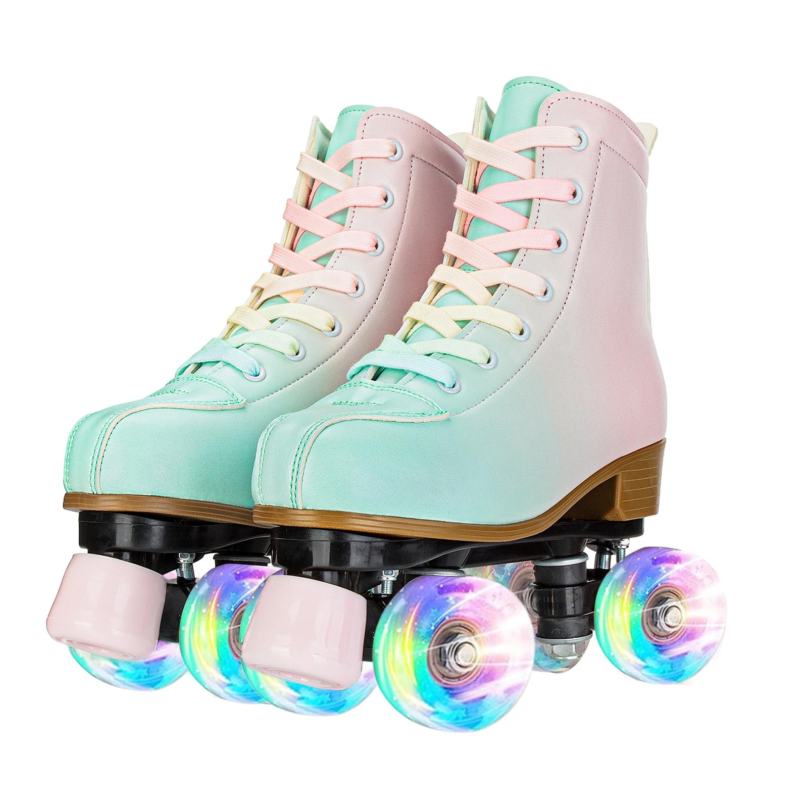 

Flashing Roller Skates For Women Double Row Quad Skate Shoes Adult Outdoor Indoor Skating Training Sneakers With 4 Wheels 33-41 green pink 39
