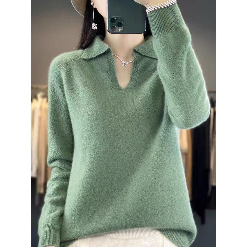 Autumn and Winter POLO Small V-neck Long-sleeved Loose Knitted Base Layer Sweater for Women