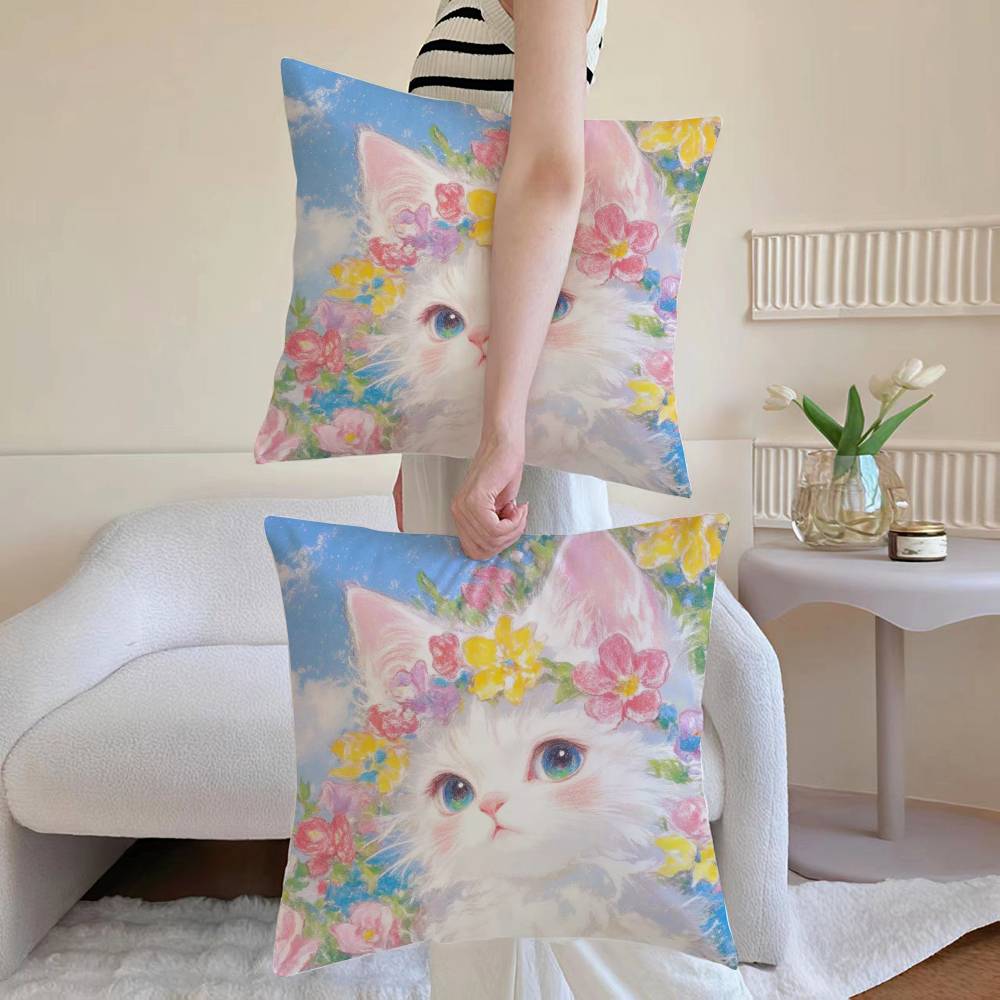Painting Style KittenS Pillow Case Anti-dustmite Pillowcase Invisible Zipper Silky Sofa Cushion Cover