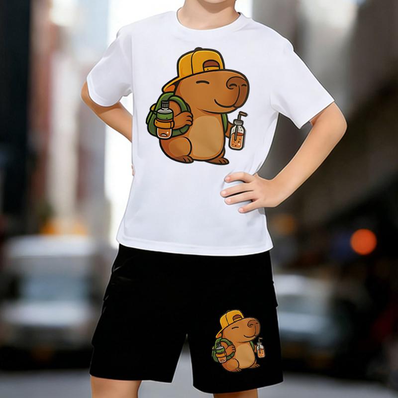 

Boys 2 Piece Cute Capybara Print Outfit, Short Sleeve T-Shirt and Shorts Set for Kids Age 5-14, Black and White Sporty Casual Summer Clothes 13-14 Years