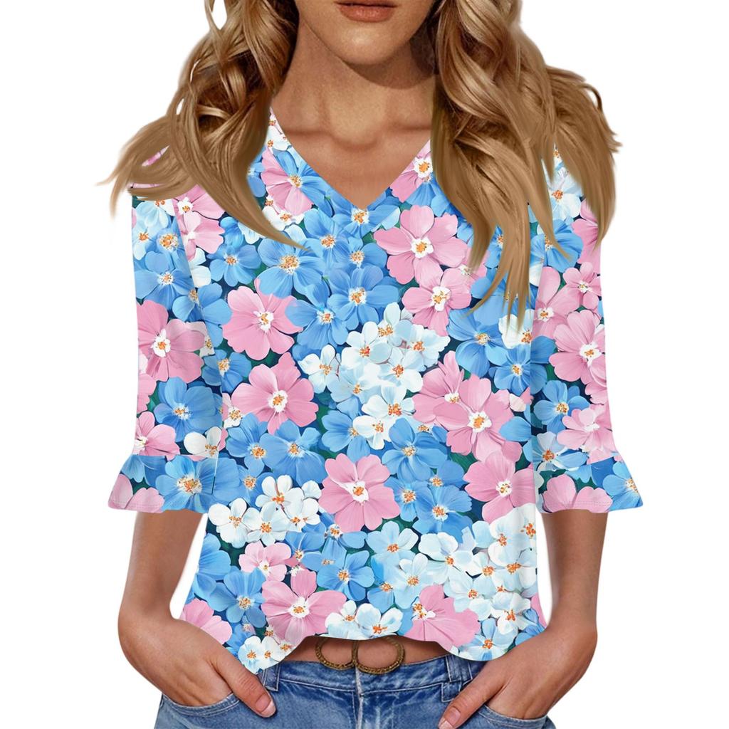 Women's Casual 3/4 Sleeve Tops V-Neck Sleeve T-Shirt Floral Print Tops