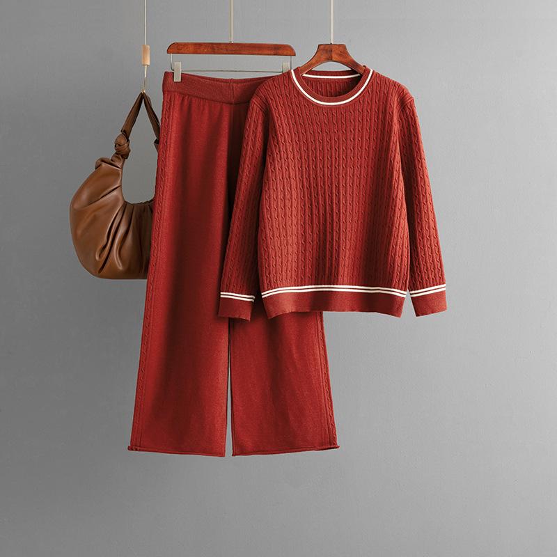 

Новый осенне-зимний комплект свитера с длинными рукавами и круглым вырезом, связанного косами, + повседневные брюки, комплект из двух предметов one size fits all красный