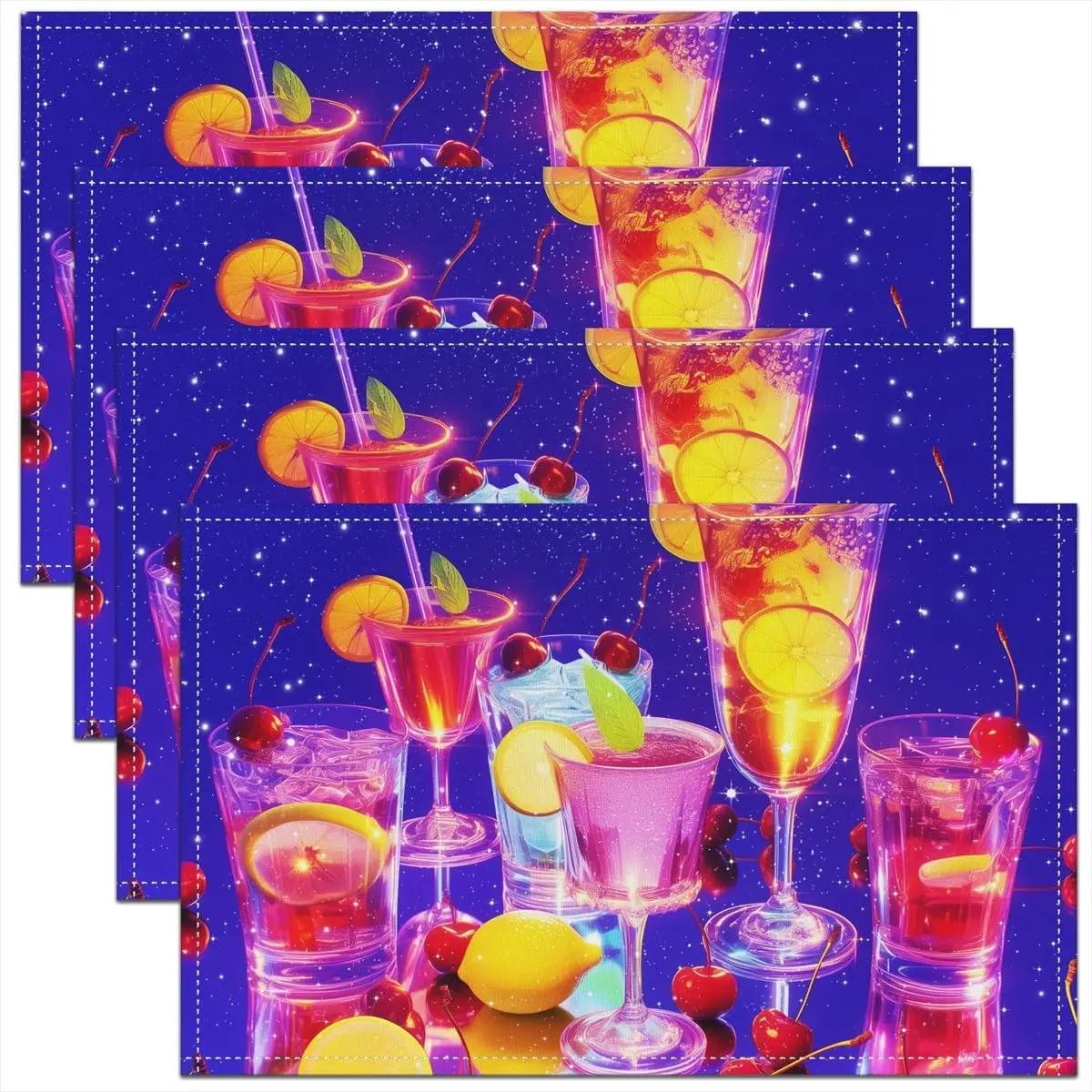 1PC Colorful Cocktail Placemats Sweet Cherry Lemon Tropical Fruit Table Place Mats,Whisky Glass Wine Time Placemat 1PC 30x45CM