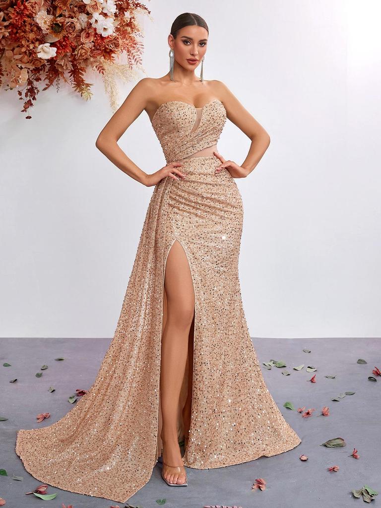 Sequined Strapless High-Waisted Mermaid Evening Gown