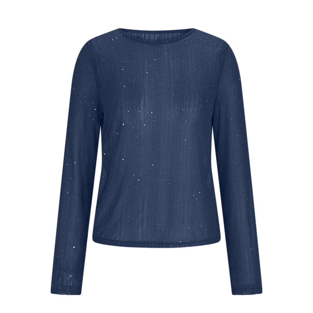Women's High-Neck Sequin Long Sleeve Top - Spring/Autumn 2026, Stylish & Transparent Inner Layer