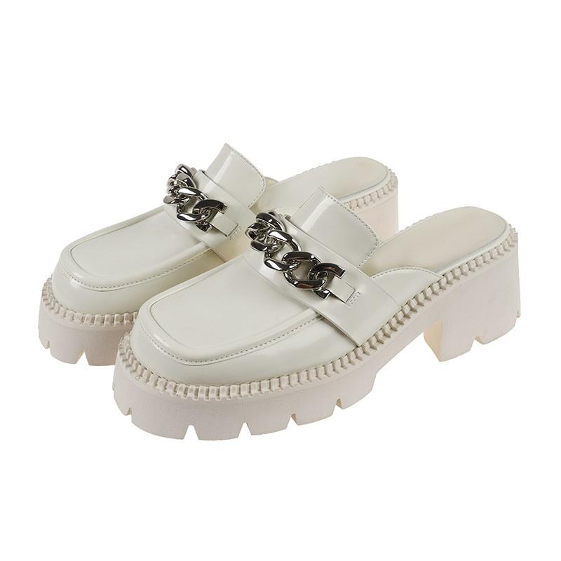 New Women Mules Black Leather Platform Silver Chain Squared Toe Casual Chunky Heels Rubber Lightly Summer Shoes Female