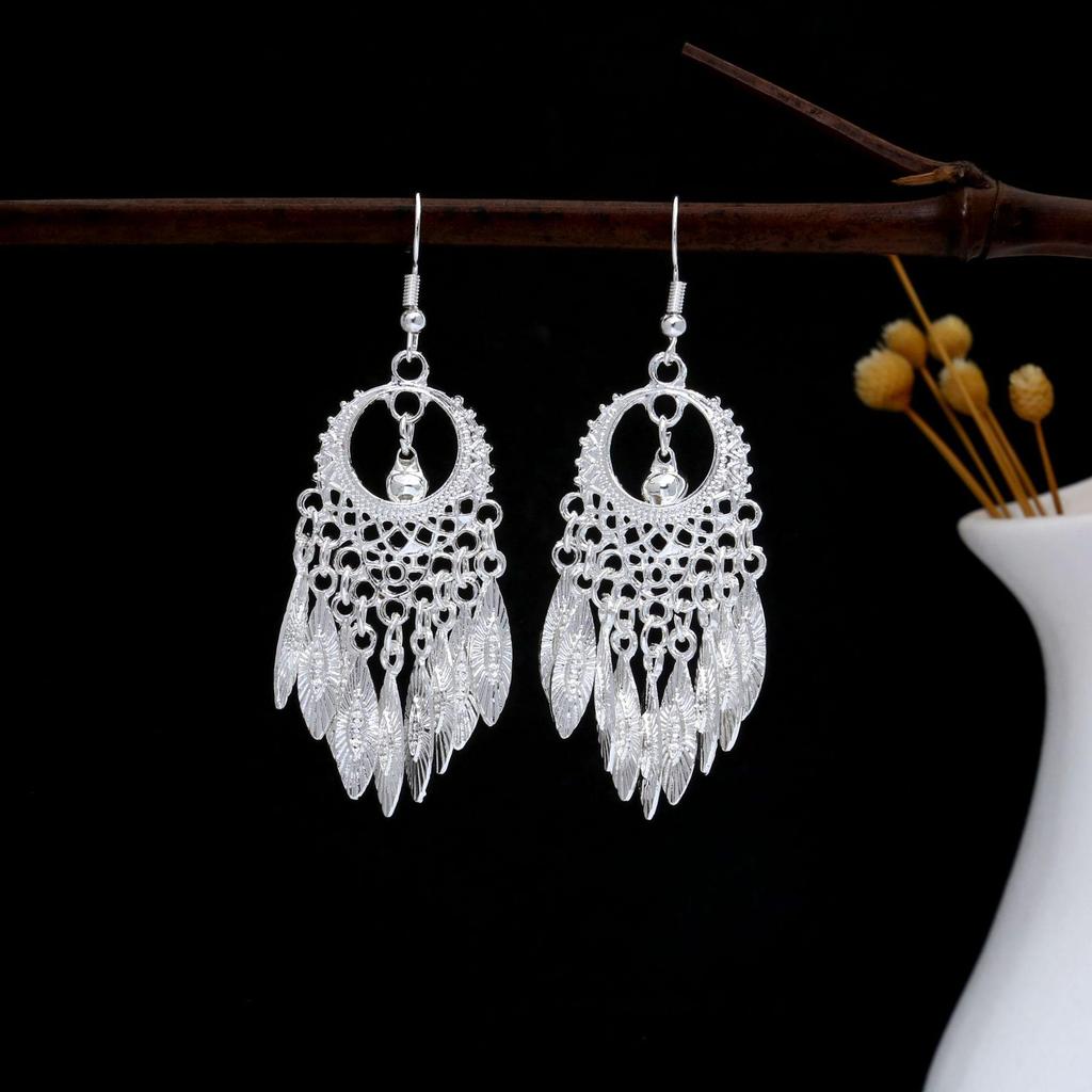 Imitation Miao Silver Ethnic Long Leaf Tassel Dangle Earrings