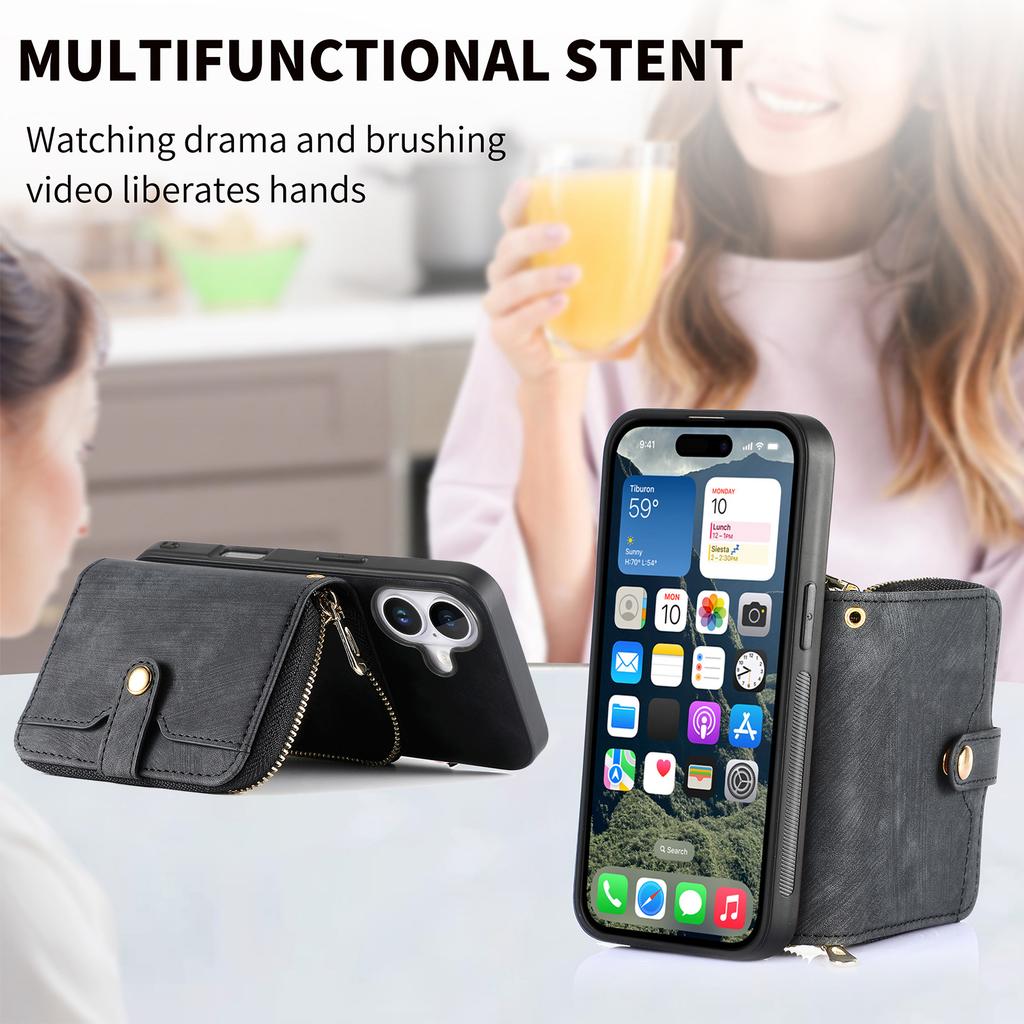 For iPhone 16 Case Zipper Card Holder PU Leather Phone Back Cover with Long Strap