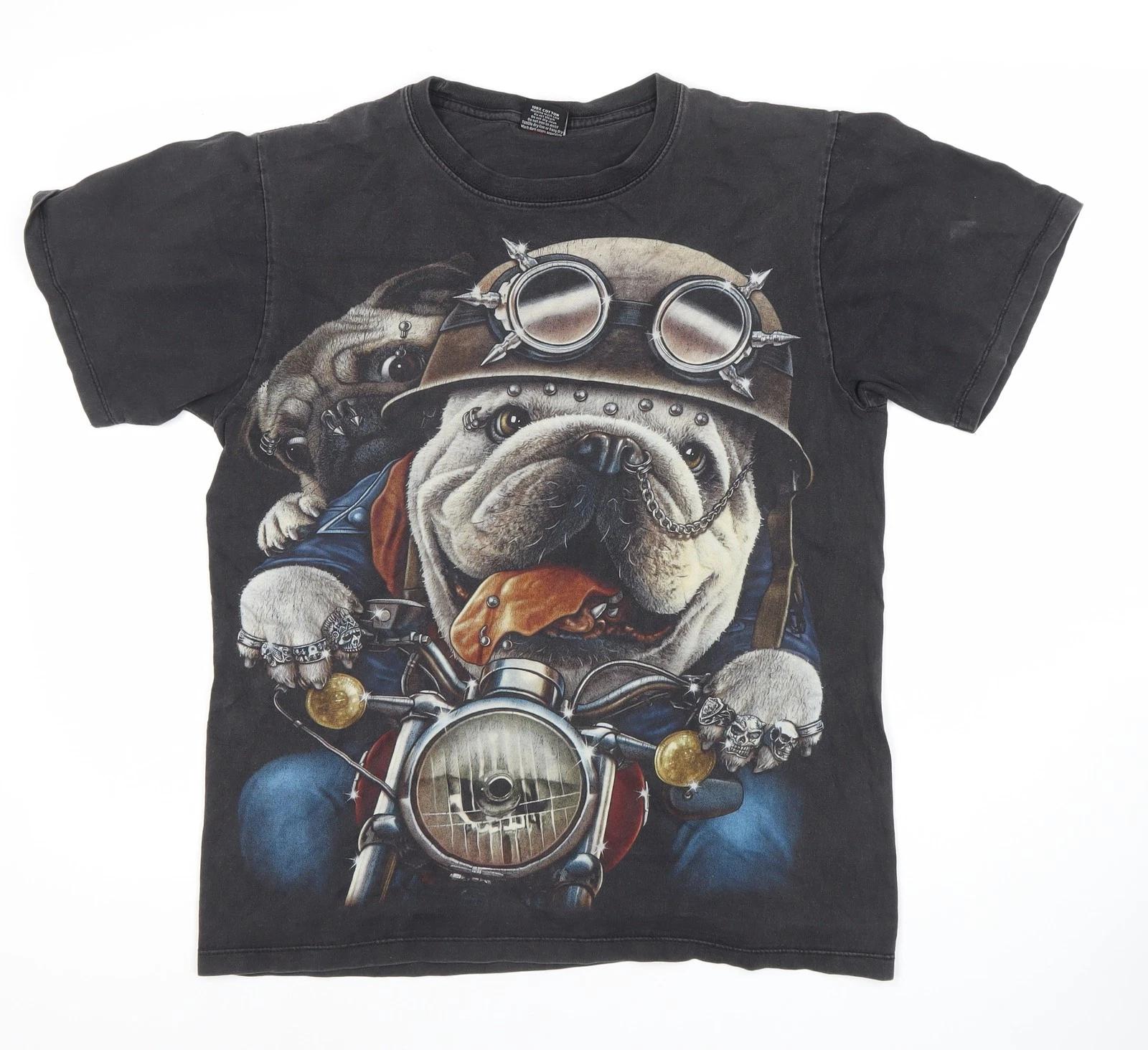 Thanabat Men s Black M Biker Bulldog Graphic T-Shirt L
