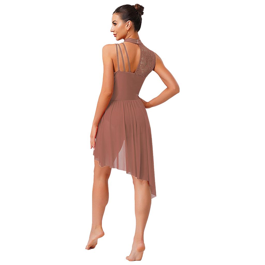 Womens Lyrical Dance Leotard Floral Lace Rhinestones Irregular Hem Openable Crotch One Piece Asymmetrical Dress