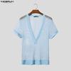 INCERUN Summer Men V Neck Short Sleeve Mesh See Through Hollow T-shirts Tops