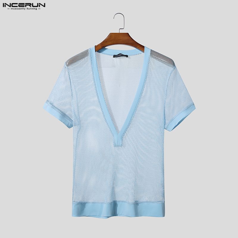 INCERUN Summer Men V Neck Short Sleeve Mesh See Through Hollow T-shirts Tops