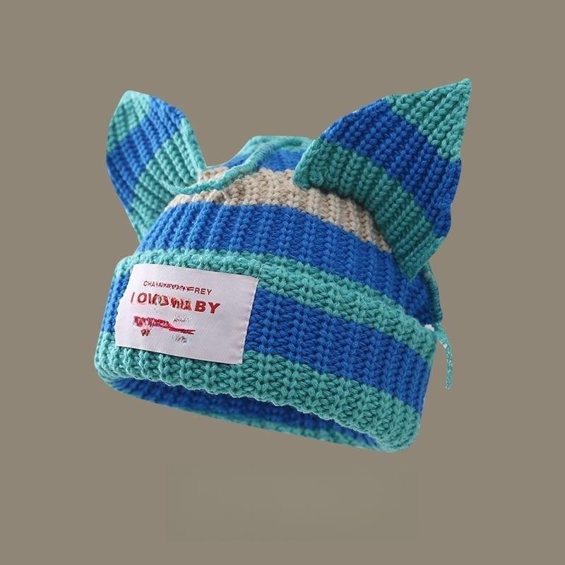 Pig Hat Korean New Contrasting Color Cute Pig Ears Thickened Warm Wool Hat Men and Women Autumn and Winter Color Blocking Knitted Hat