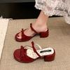 One Word with Sandals Women's Summer New Thick Heel with Skirt Bow Wear High Heel Cool Slippers