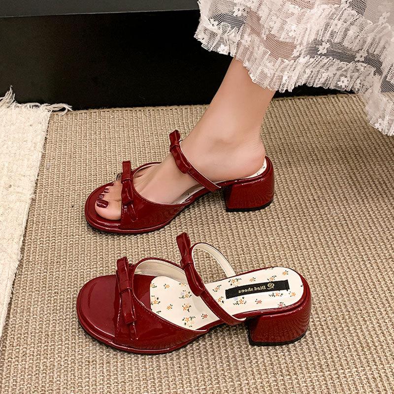 One Word with Sandals Women's Summer New Thick Heel with Skirt Bow Wear High Heel Cool Slippers