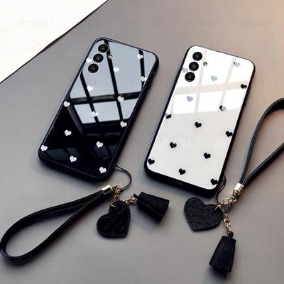 Love Heart Hartglas Handyhülle für Samsung A54 A34 A24 A14 A04 A13 A23 A33 A53 A73 A32 Weiche Rahmenschutzhülle mit Quasten-Lanyard