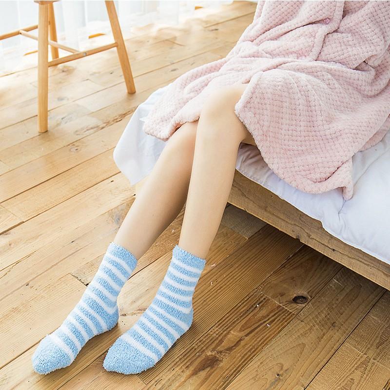 5 Pairs Women's Autumn and Winter Striped Coral Fleece Sleep Socks Thickened Warm Mid-Calf Home Socks Simple Floor Socks