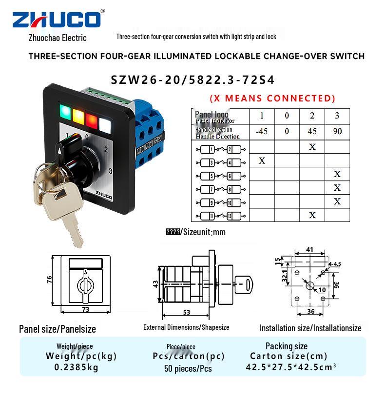 Zhuochao SZW26-20/5822.3-72S4 Four-Speed Three-Position Illuminated Rotary Switch