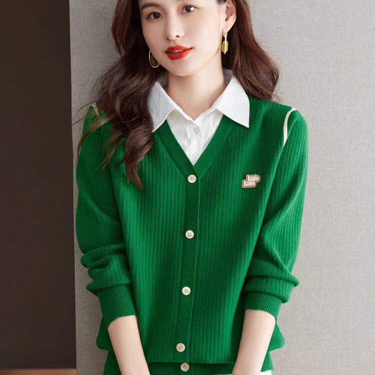 

Поддельный женский свитер из двух частей, осенне-зимний, новый, с длинными рукавами, воротником, трикотажной низкой M