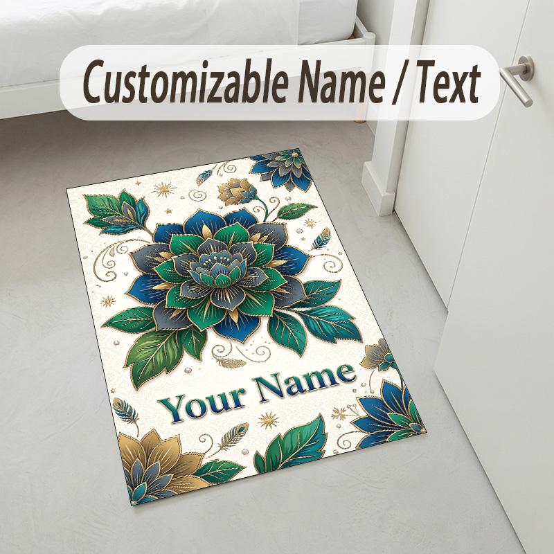 Floral Art Card Theme Soft Crystal Velvet Rug Custom Name & Text Print Non Slip Floor Rug for Bedroom Living Room