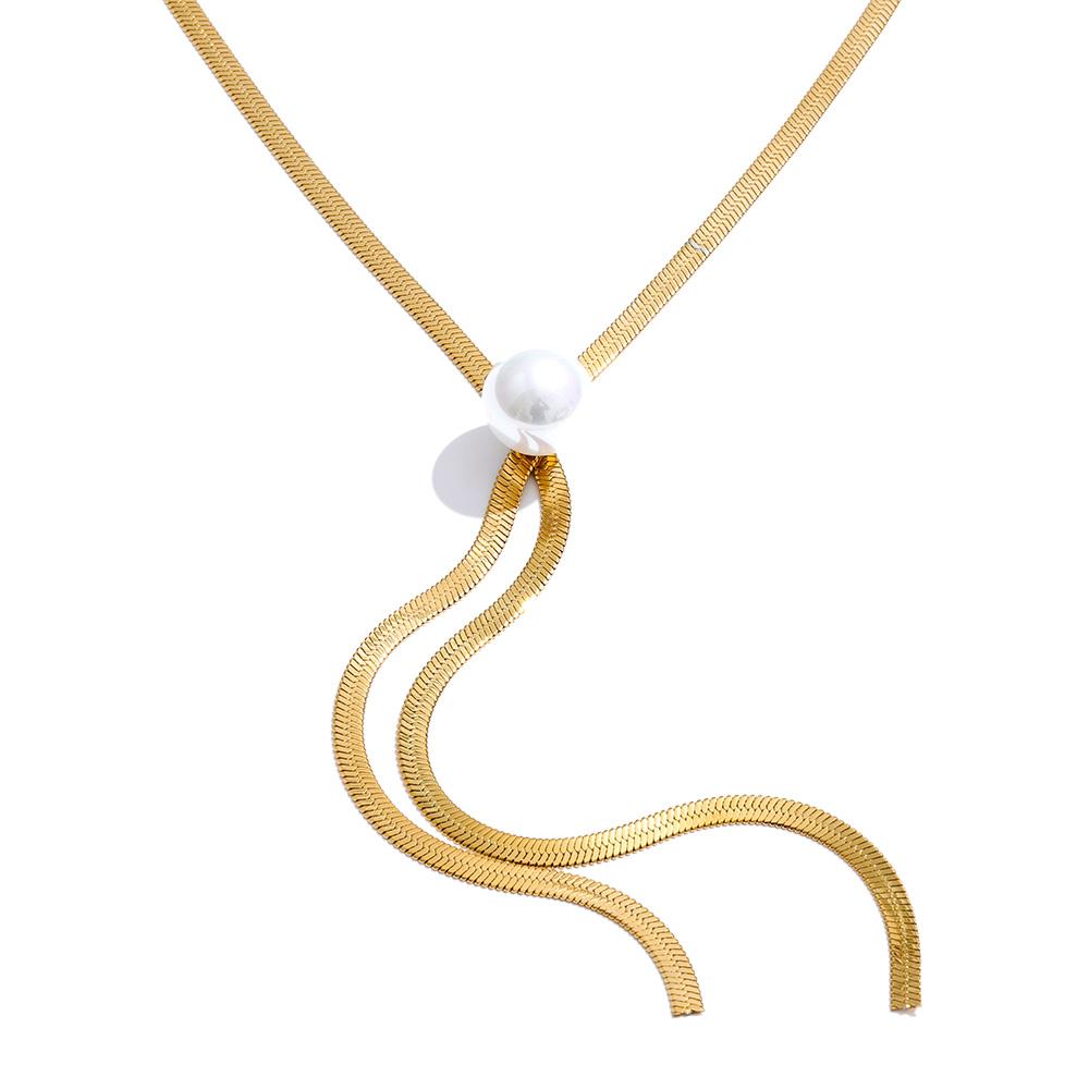 

Yhpup 70cm Stainless Steel Imitation Pearls Snake Chain Long Hanging Drop Necklace Autumn Winter Style New Arrivals Bib Jewelry