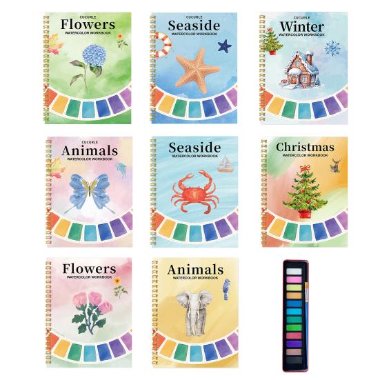Watercolor Painting Kit for Beginners Step-by-Step Painting Guide with 12 Colors Flower Animal Theme Practice Workbook for Learning Blending