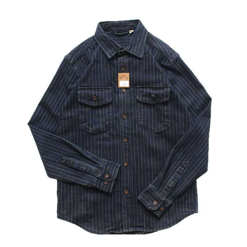 Men's Casual Retro Striped Denim Shirt Jacket - Long-Sleeved, Loose Fit for Spring and Autumn