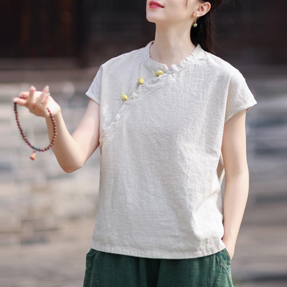 Johnature Women Vintage Shirts Tops Summer Chinese Style Solid Color Sleeveless Stand Blouses