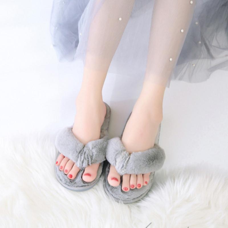 Women's winter home plush flip flops, comfortable wooden floor cotton slippers