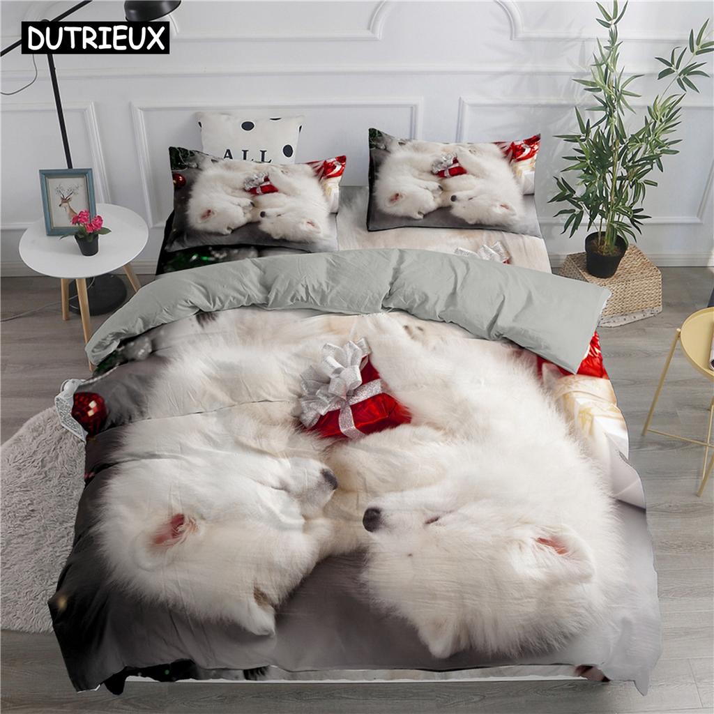 Lovely White Dogs Bedding Set Animal Fashion 3D Print Comforter Luxury Queen King Single Size Duvet Cover Set Home Textile Decor