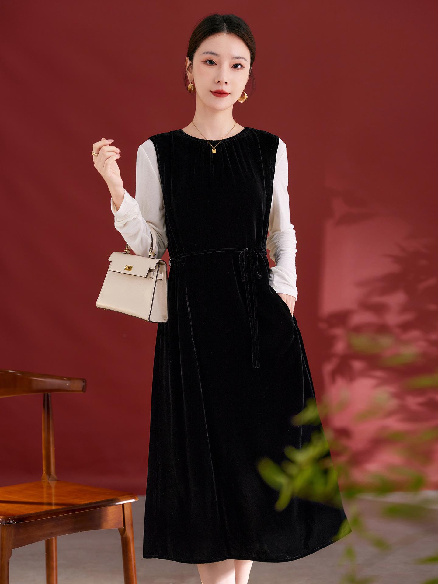 

Autumn/Winter Silk Velvet Waist-Slimming Vest Dress for Women - Round Neck, Mid-Length, Elegant Style. M чёрный