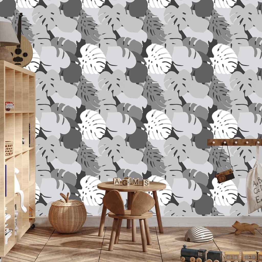 Tropical Leaves Wallpaper in Shades of Gray for Living Room and Bedroom 50x1000