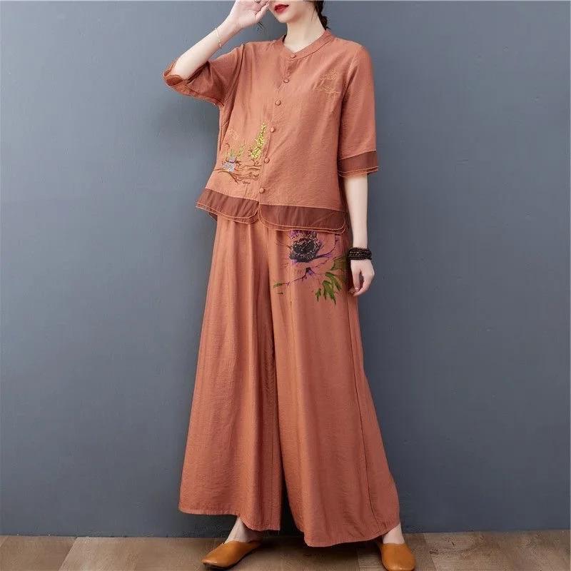 Fashionable Embroidered Cotton Linen Two-Piece Set with Wide Leg Pants for Middle-Aged And Elderly Women Summer Clothing