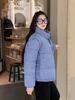 Blue plaid stand-up collar warm short down cotton-padded clothes for women, loose and thickened plaid cotton-padded jackets in winter