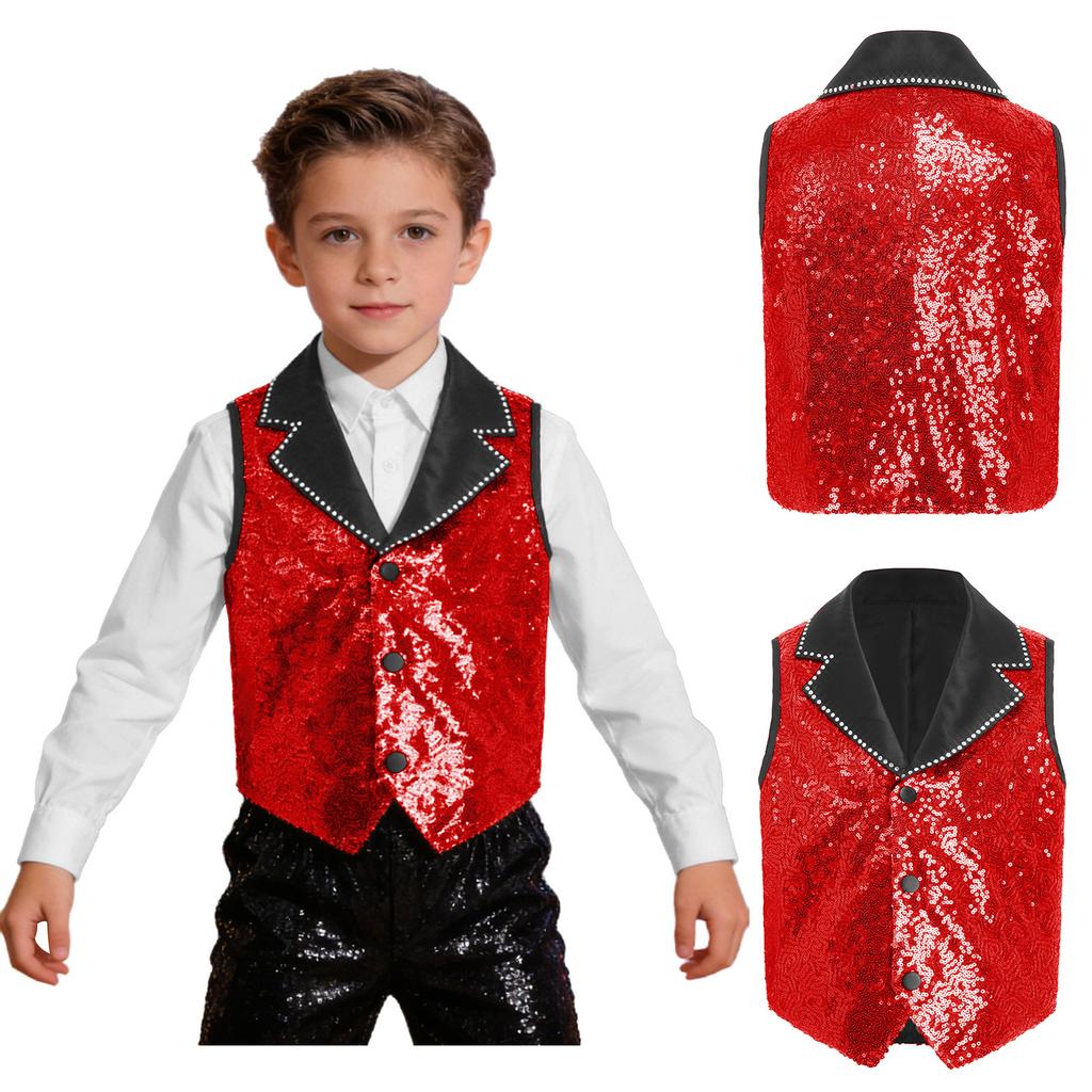 Boys Girls Sparkly Sequin Vest Contrast Lapel Collar Sleeveless Asymmetrical Waistcoat for Stage Performance Costume Tops
