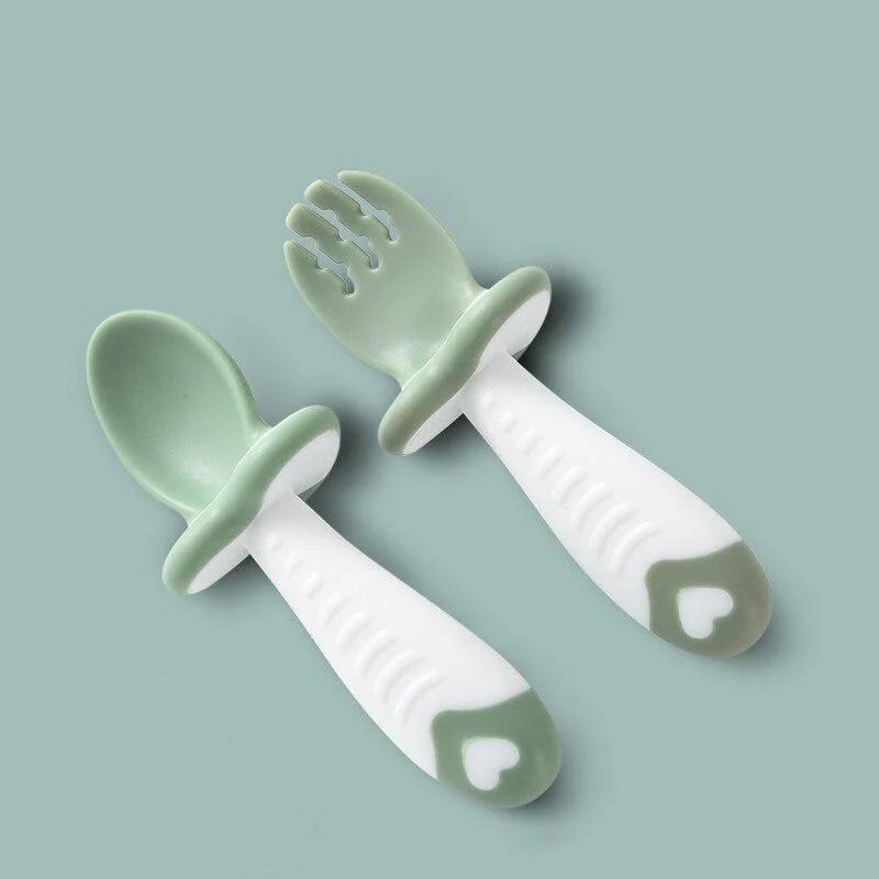 Baby Spoon Fork Silicone Children's Cutlery Set Feeding Baby Tableware Learn Spoon Set Short Easy Spoon