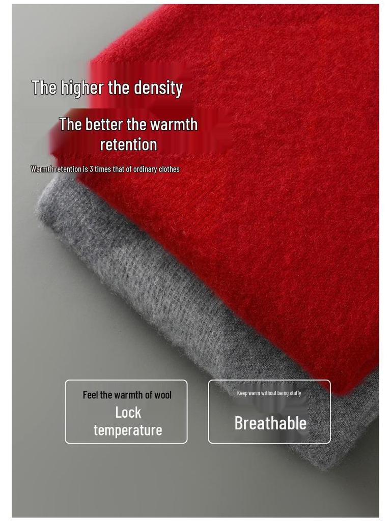 Men's 100% Pure Wool Color Block Round Neck Sweater - Thick Jacquard Knit for Autumn/Winter, Loose Casual Fit.