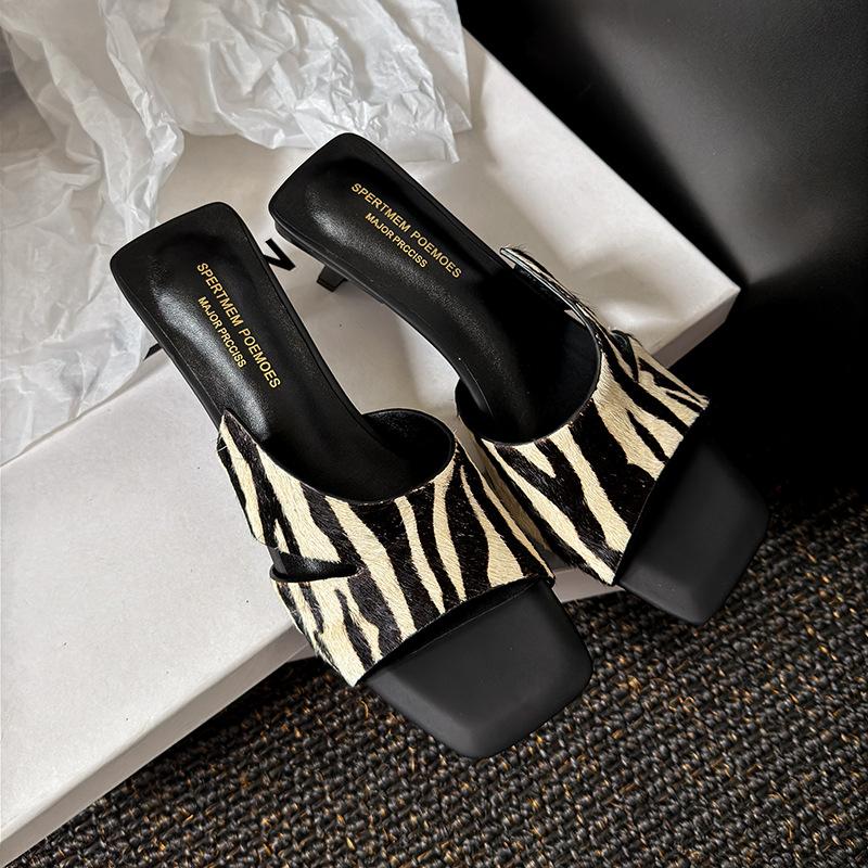 

2025 European and American summer new foreign trade large size women s shoes square head high heel slippers women s horsehair thick heel sandals women 39